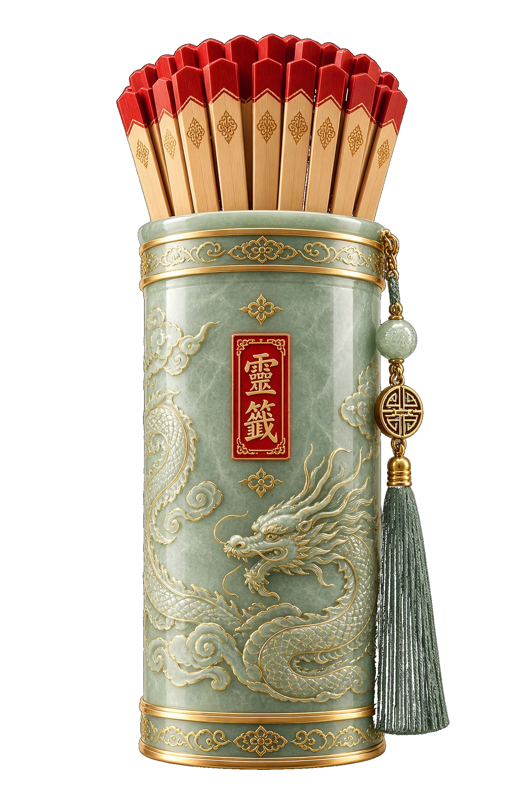 A celadon jade fortune-stick vessel with a carved dragon, red seal and red-tipped bamboo sticks