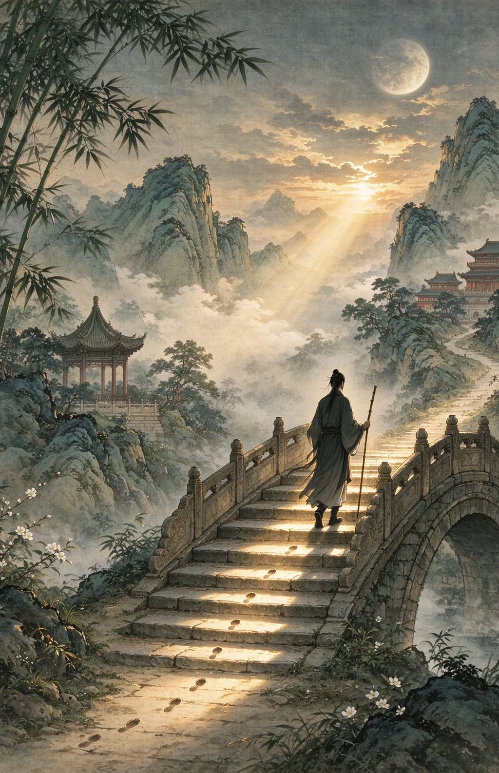 An Eastern ink-wash illustration accompanying your sign