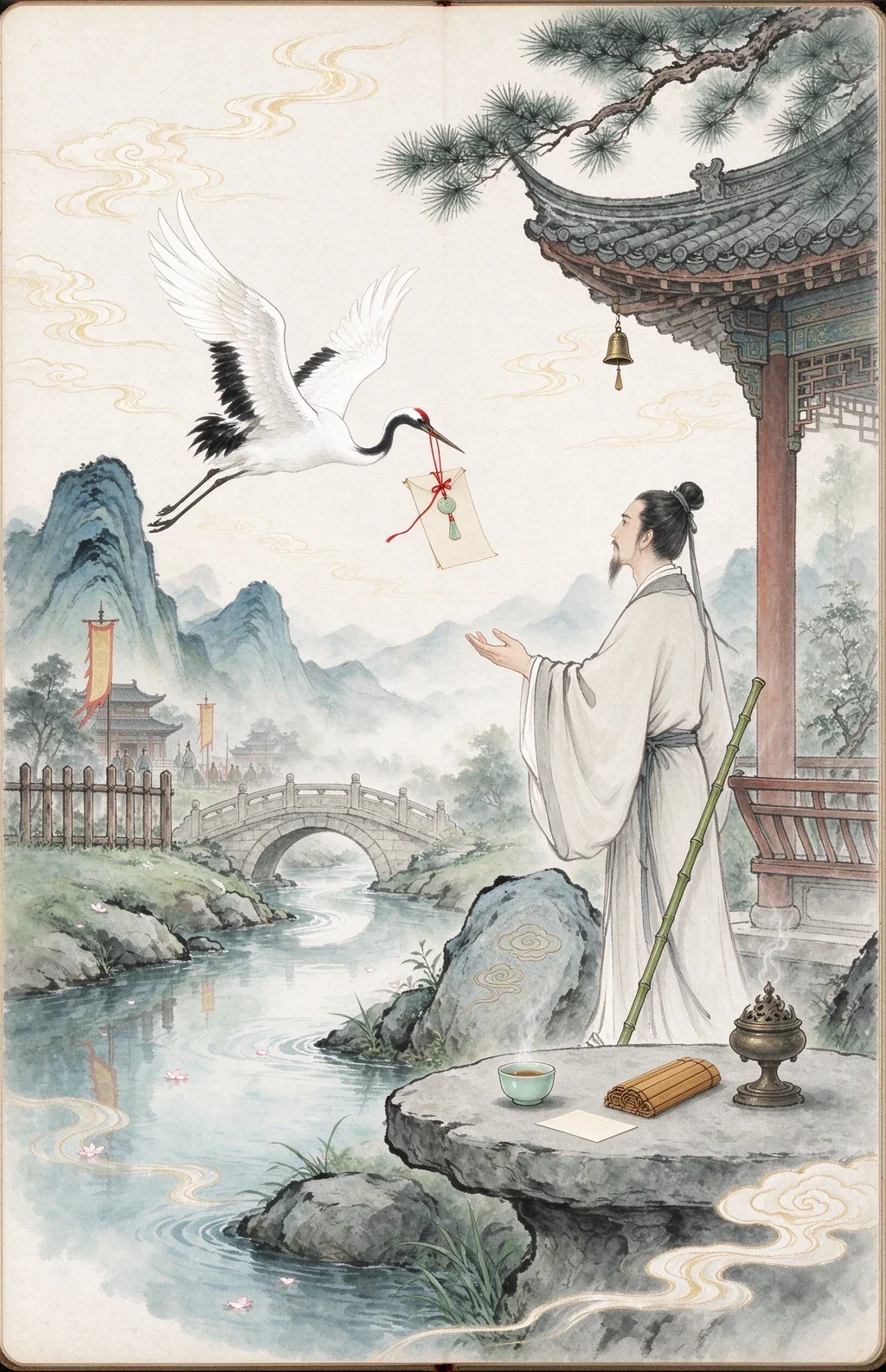 Chinese-inspired illustration for The Returning Crane (歸鶴銜信)