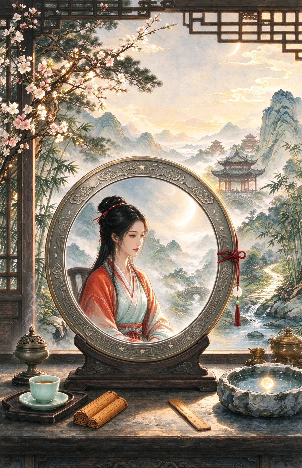 Chinese-inspired illustration for The Clear Mirror (明鏡照形)