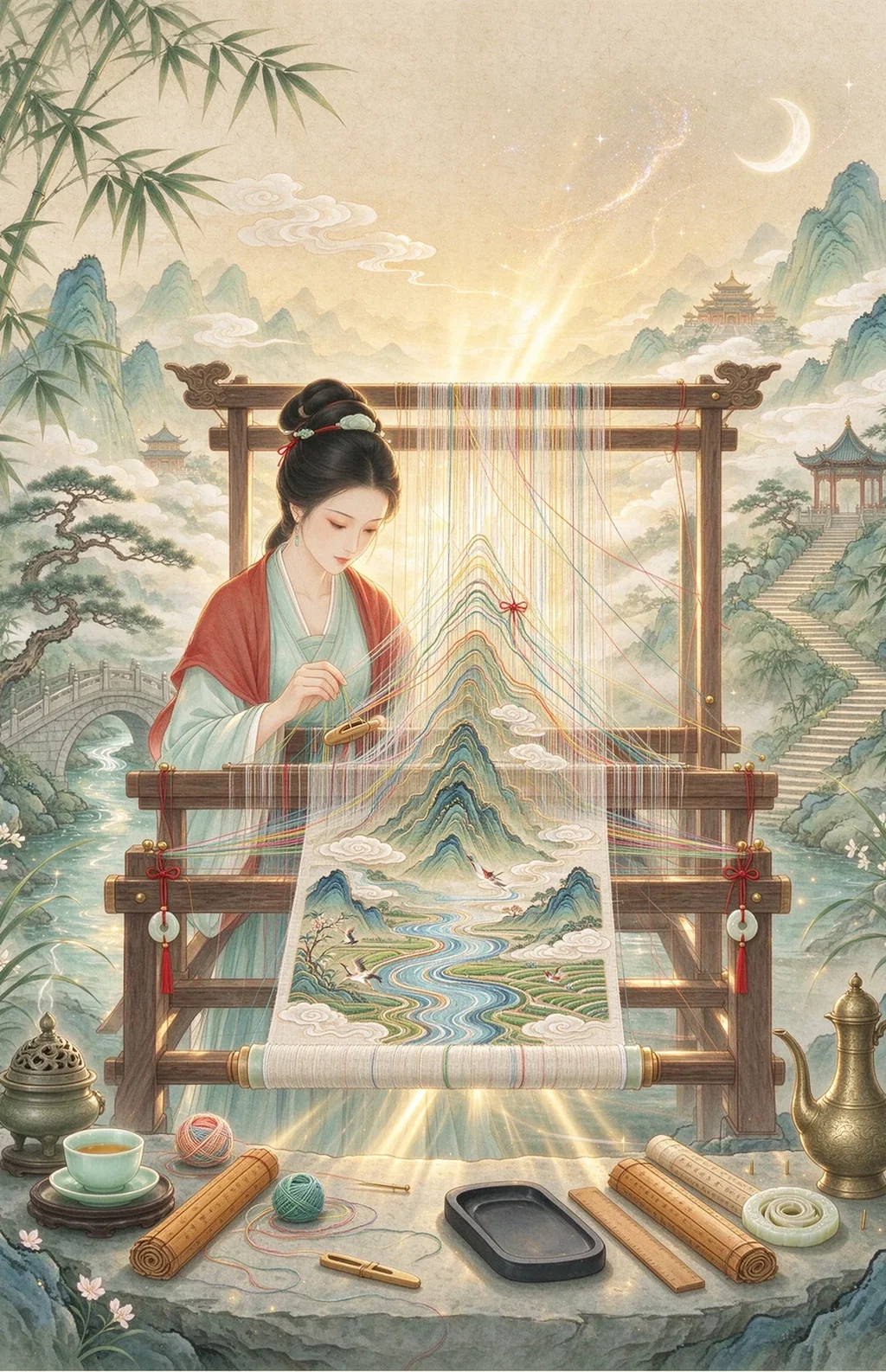 Chinese-inspired illustration for The Woven Pattern (經緯成章)