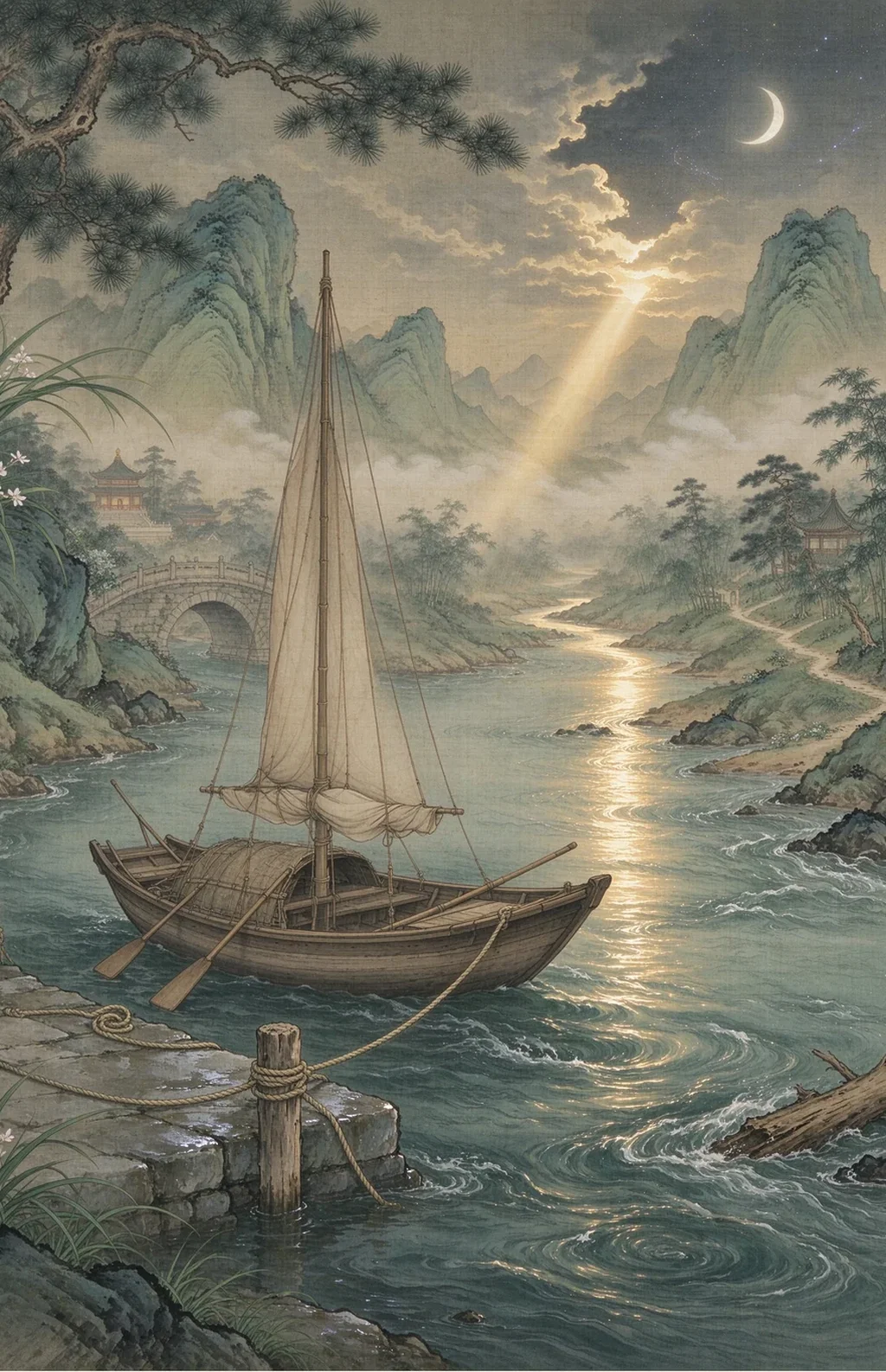 Chinese-inspired illustration for The Delayed Boat (行舟未發)