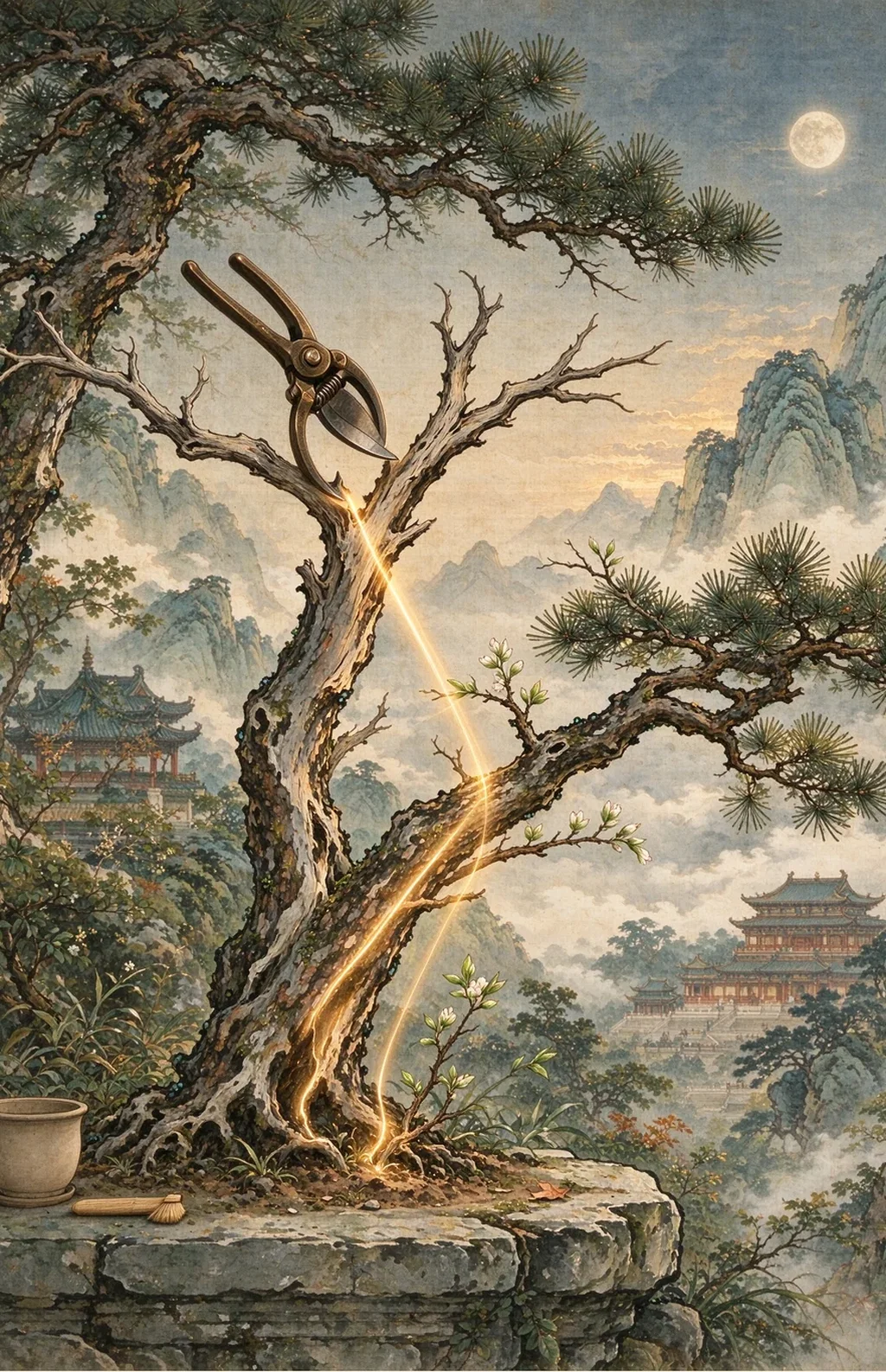 Chinese-inspired illustration for The Withered Branch (枯枝待剪)